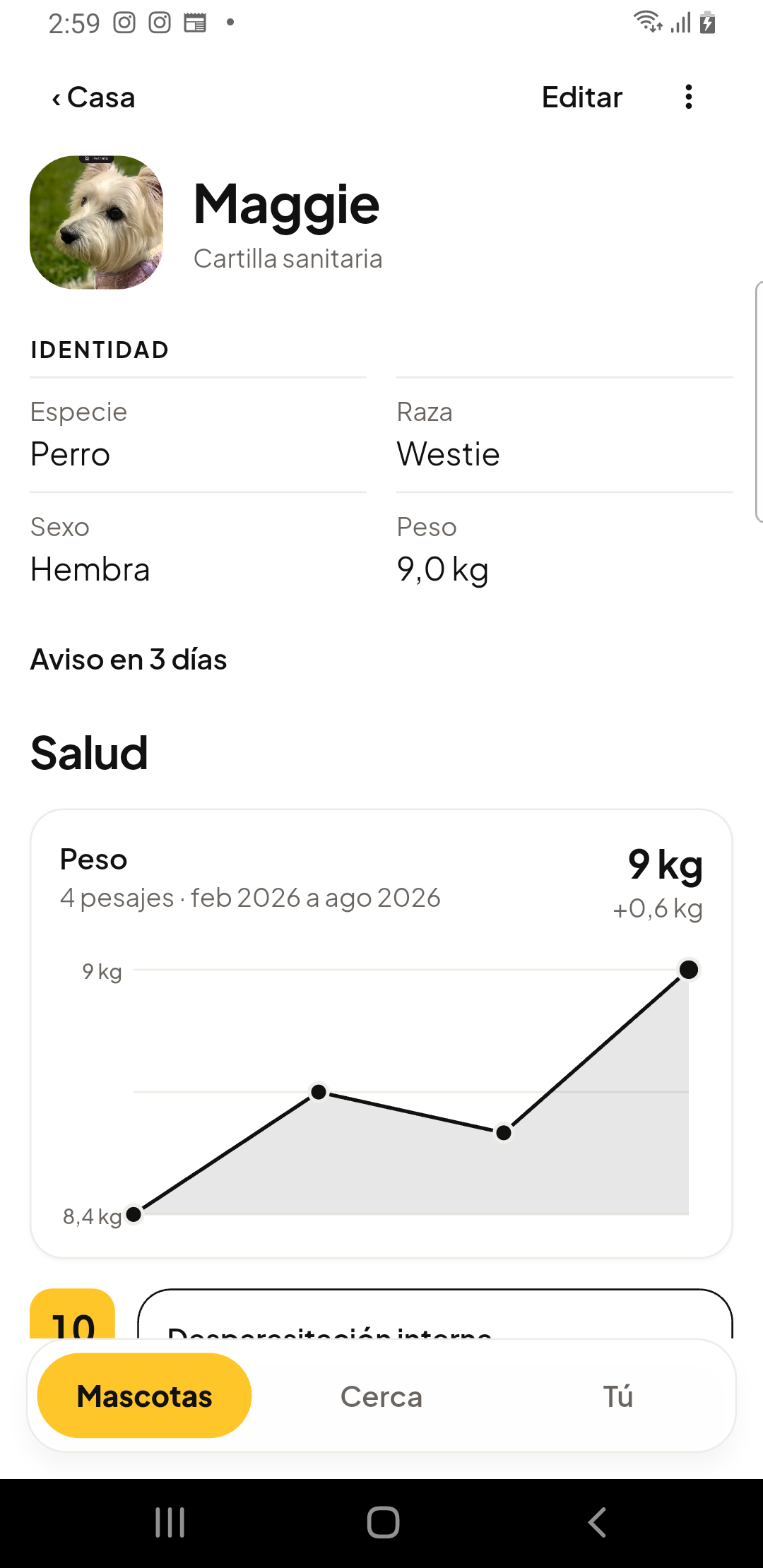 Cartilla real de Maggie: peso de 9 kg y gráfica con cuatro pesajes.